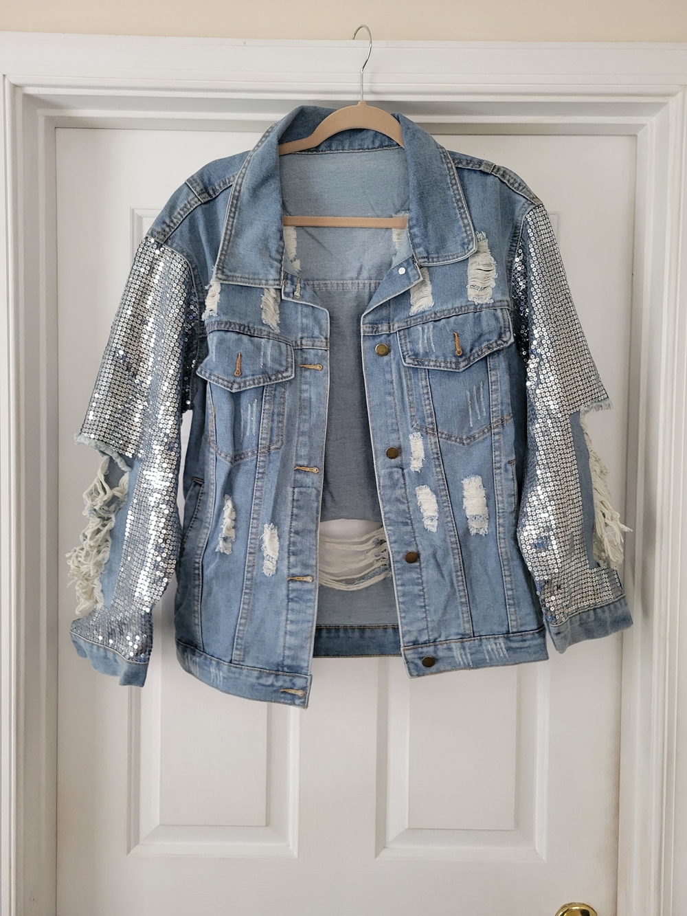Sequin Sleeve Distressed Light Blue Denim Jacket